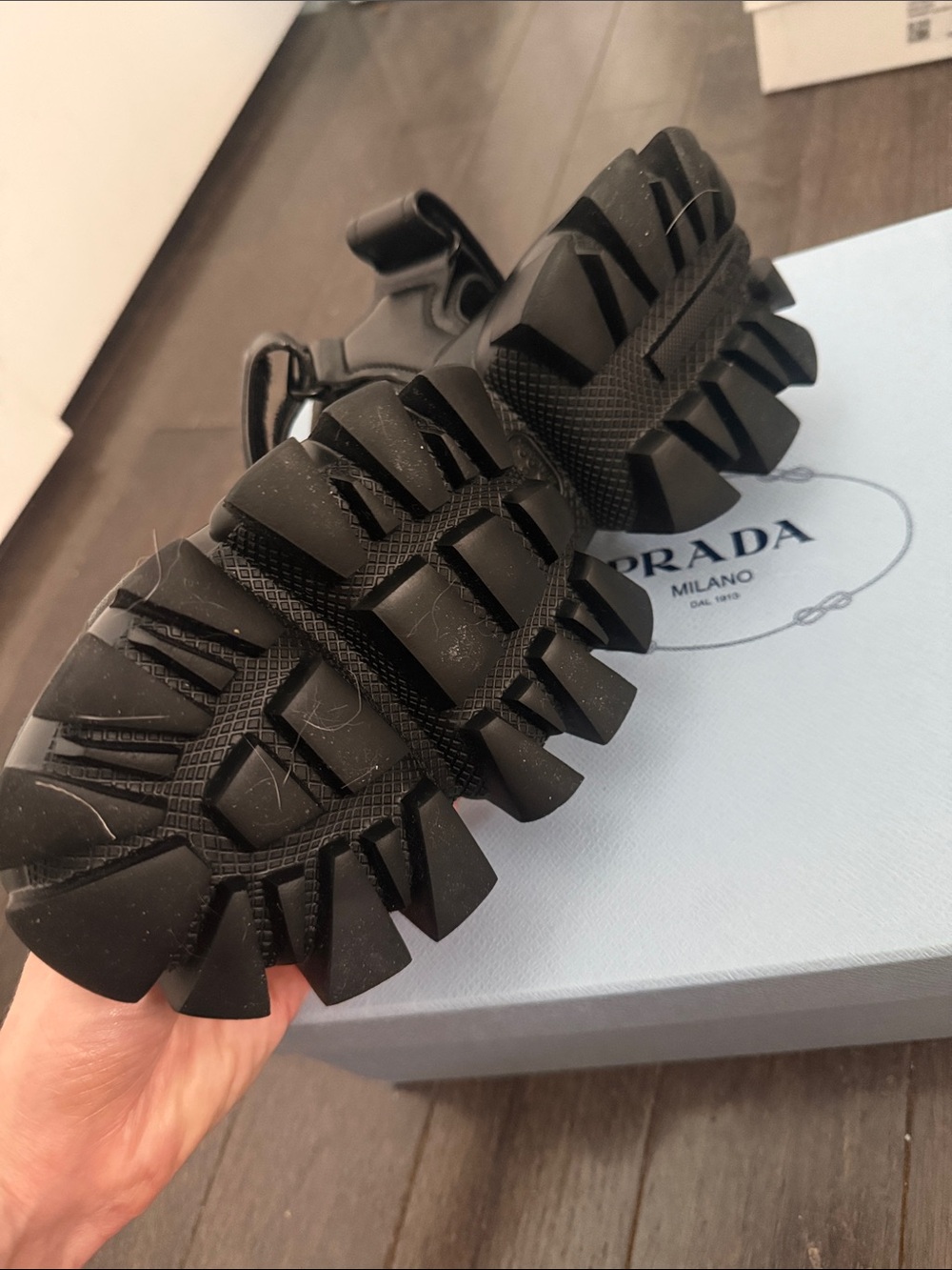 Prada Chunky Black Leather Treaded Platform Sandals - Picture 4 of 8